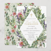 Invitation Aquarelle de verdure florale Première communion sa (Devant / Derrière)