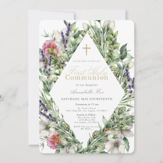 Invitation Aquarelle de verdure florale Première communion sa (Devant)