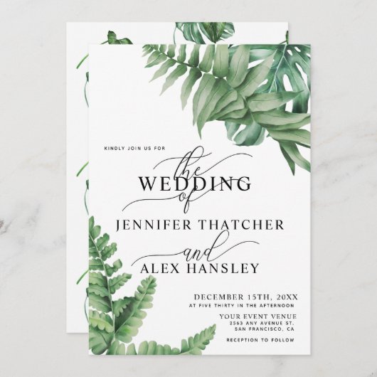 Invitation Aquarelle de verdure tropicale Mariage de code QR (Devant / Derrière)