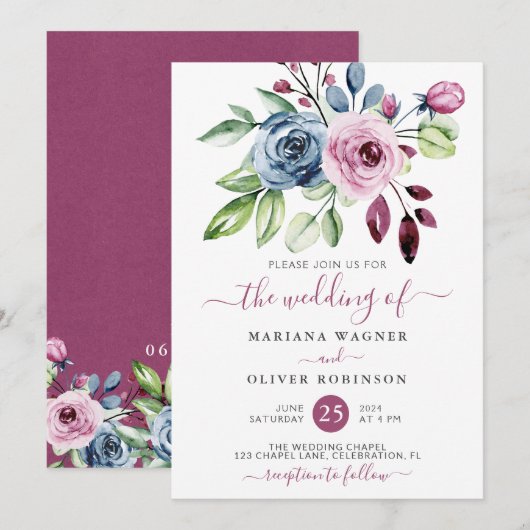 Invitation Aquarelle de vin bleu marine Mariage floral (Devant / Derrière)