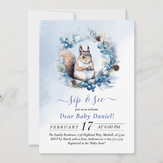 Invitation Aquarelle d'écureuil d'hiver Sip et voir l'invitat (Devant)