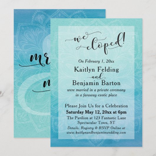 Invitation Aquarelle dégradé bleu sarcelle Mandala Nous nous (Devant / Derrière)