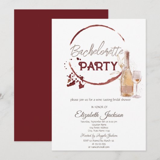 Invitation Aquarelle Dégustation de vin rouge Bachelorette (Devant / Derrière)