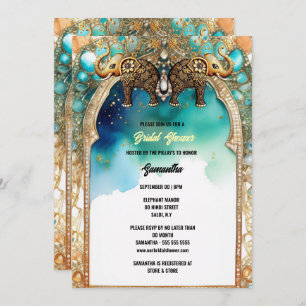 Invitation Aquarelle d'éléphants indiens bleu pierres traditi