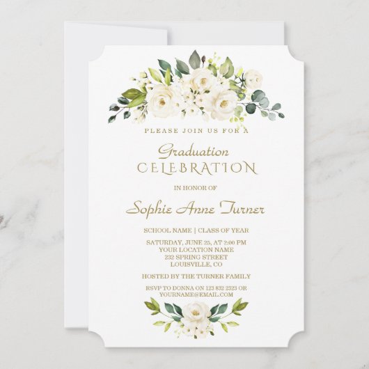Invitation Aquarelle Delicate Blanc Floral Graduation Party (Devant)
