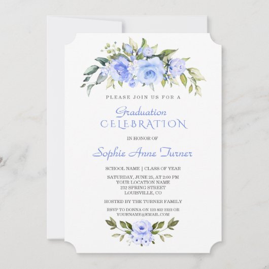 Invitation Aquarelle Delicate Blue Floral Graduation Party (Devant)