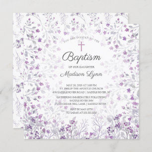 Invitation Aquarelle Delicate de fleurs violettes Baptême
