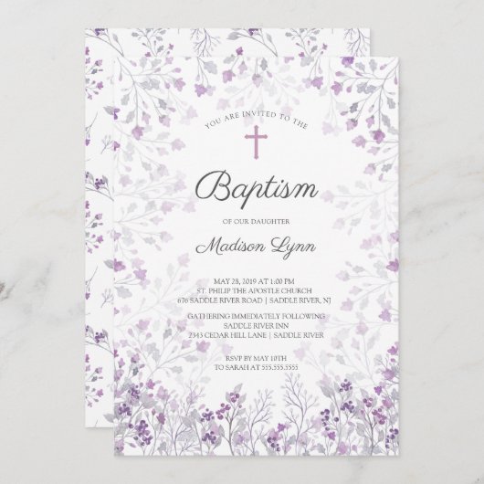 Invitation Aquarelle Delicate Fleurs violettes Baptême (Devant / Derrière)