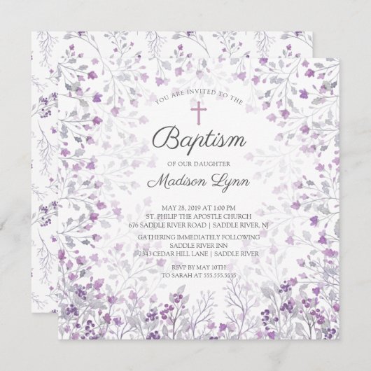 Invitation Aquarelle Delicate Fleurs violettes Baptême (Devant / Derrière)
