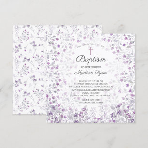 Invitation Aquarelle Delicate Fleurs violettes Baptême