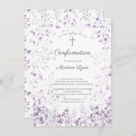 Invitation Aquarelle Delicate Fleurs violettes Confirmation (Devant / Derrière)