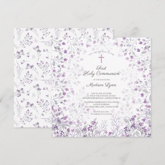 Invitation Aquarelle Delicate Fleurs violettes Première commu (Devant / Derrière)
