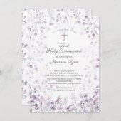 Invitation Aquarelle Delicate Fleurs violettes Première commu (Devant / Derrière)