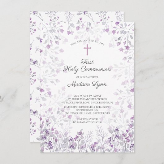 Invitation Aquarelle Delicate Fleurs violettes Première commu (Devant / Derrière)