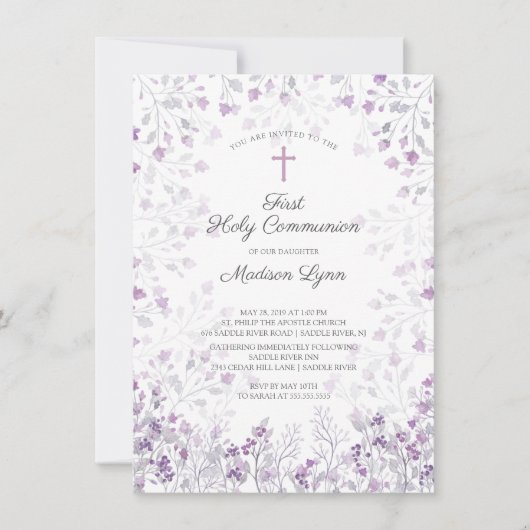 Invitation Aquarelle Delicate Fleurs violettes Première commu (Devant)