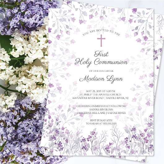 Invitation Aquarelle Delicate Fleurs violettes Première commu