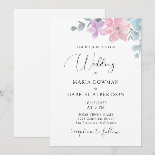 Invitation Aquarelle délicate pastel botanique mariage floral (Devant / Derrière)