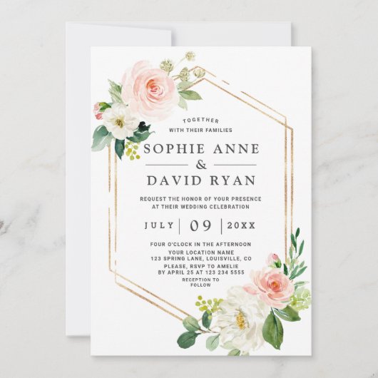 Invitation Aquarelle délicate rose blanc Floral Mariage or (Devant)