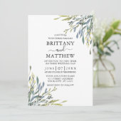 Invitation Aquarelle Delicate Verdure Mariage Dusty Blue (Debout devant)