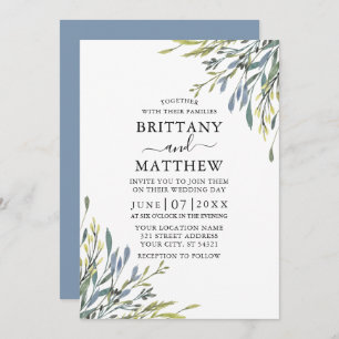 Invitation Aquarelle Delicate Verdure Mariage Dusty Blue