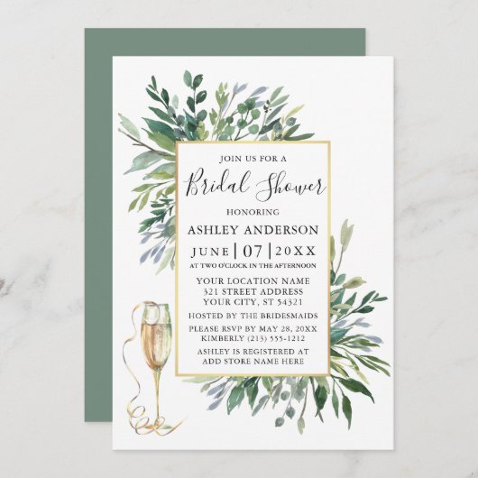 Invitation Aquarelle délicate Verdure Verre Sage Vert (Devant / Derrière)