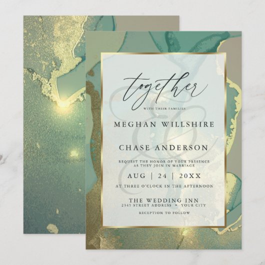 Invitation Aquarelle d'encre d'alcool verte Gold et Smokey (Devant / Derrière)