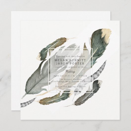 Invitation Aquarelle des plumes de flux | MARIAGE (Devant / Derrière)