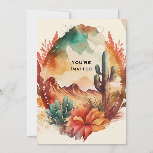 Invitation Aquarelle Désert Cactus et Montagnes Anniversaire (Devant)
