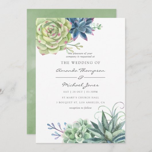 Invitation Aquarelle Desert Cactus Succulents Mariage Invitat (Devant / Derrière)