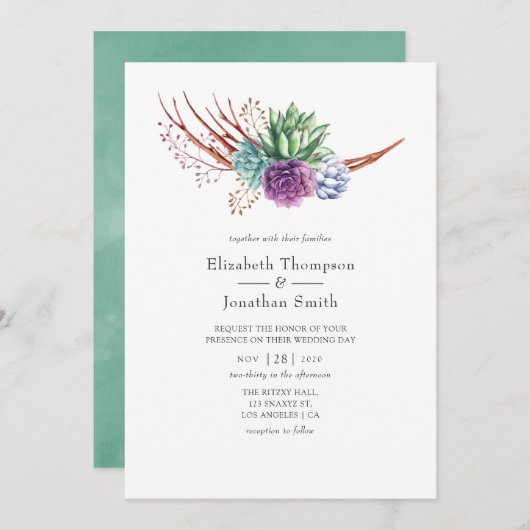 Invitation Aquarelle Desert Succulents Mariage (Devant / Derrière)