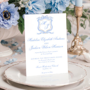 Invitation Aquarelle Designer Blue Monogram Crest Mariage