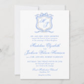 Invitation Aquarelle Designer Blue Monogram Crest Mariage (Devant)