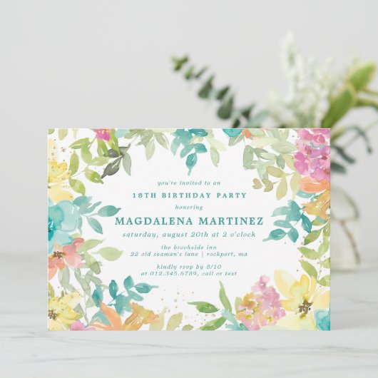 Invitation Aquarelle d'été Floral 18e fête d'anniversaire (Debout devant)