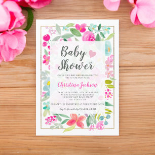 Invitation Aquarelle d'été rose floral or baby shower