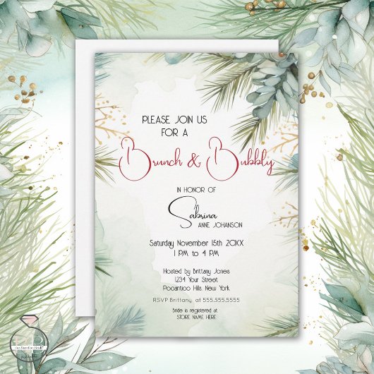 Invitation Aquarelle d'hiver Verdure Brunch et Bubbly