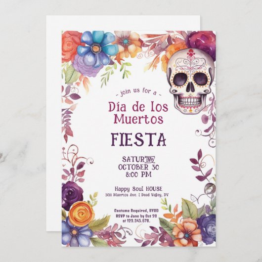 Invitation 💀 🎉 Aquarelle Día de Muertos (Devant / Derrière)