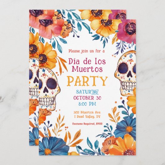 Invitation 💀 Aquarelle Día de Muertos (Devant / Derrière)