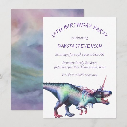 Invitation Aquarelle Dinocorn | Unicorn Dinosaur Anniversaire (Devant / Derrière)
