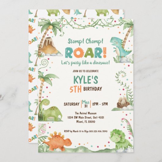 Invitation Aquarelle Dinosaur Anniversaire (Devant / Derrière)