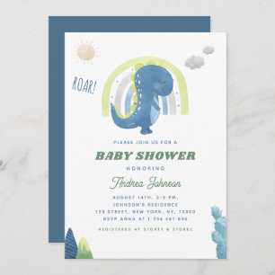 Invitation Aquarelle Dinosaur & Baby shower bleu arc-en-ciel