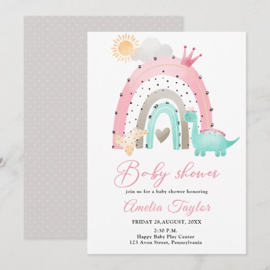 Invitation Aquarelle Dinosaur bébé fille Dino baby shower dan (Devant / Derrière)