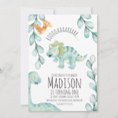 Invitation Aquarelle Dinosaur Premier anniversaire fête bleu (Devant)