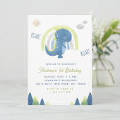 Invitation Aquarelle Dinosaur & Rainbow Blue 1er anniversaire (Debout devant)