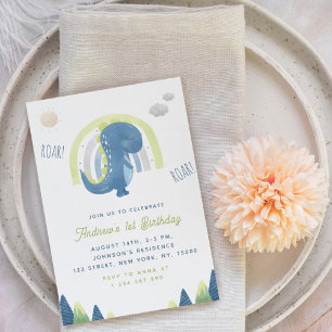Invitation Aquarelle Dinosaur & Rainbow Blue 1er anniversaire