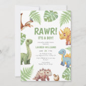 Invitation Aquarelle Dinosaur Rawr Son Baby shower Garçon (Devant)