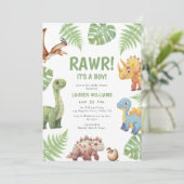 Invitation Aquarelle Dinosaur Rawr Son Baby shower Garçon (Debout devant)