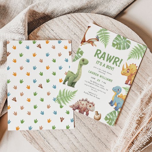 Invitation Aquarelle Dinosaur Rawr Son Baby shower Garçon