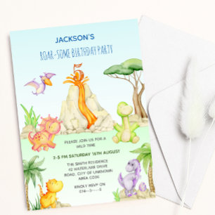 Invitation Aquarelle Dinosaur Volcano thème Anniversaire de e