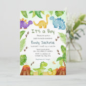 Invitation Aquarelle Dinosaure Boho Mignon Végétal Garçon Béb (Debout devant)