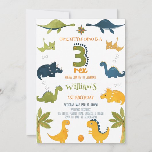 Invitation Aquarelle Dinosaure Trois Rex 3e anniversaire (Devant)